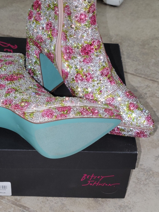 Betsey Johnson Shoes - Betsey Johnson Pink Floral Crystal Ankle Boots with Turquoise Soles